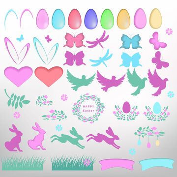 Set of floral brunches and leaves, flowers, eggs, and decorative elements for Easter cards, banners, posters design — Vector Image
