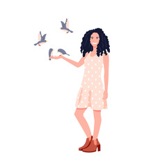 Smiling girl feeds the birds sitting on her palm. Colorful vector illustration isolated on white background