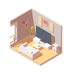 Vector isometric living room interior include tv, sofa, bookshelf. Home cinema.