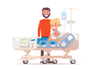 Young happy couple with their newborn at hospital bed. Happy family with infant. Isolated Vector.