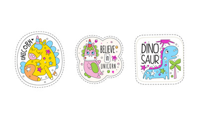 Cute Dinosaur and Unicorn Patches and Stickers Vector Set
