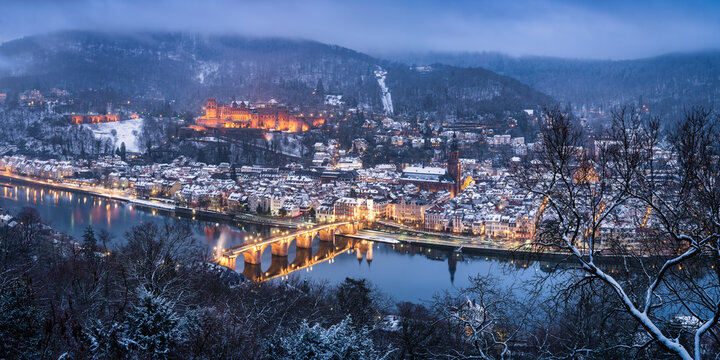 Heidelberg old town in winter seen from the Philosopher's Walk, Baden-Wuerttemberg, Germany