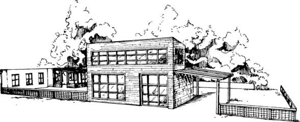Obraz premium A simple barn sketchy monochromatic image. Warehouse front elevation. Perspective illustration of a storehouse with trees. printable logo style. Old warehouse renovation, reconstruction work 