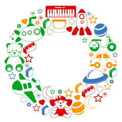 Fototapeta premium Vector pattern with the collection of toys. Doll, submarine, plane, ship. Children and kindergarten illustration.