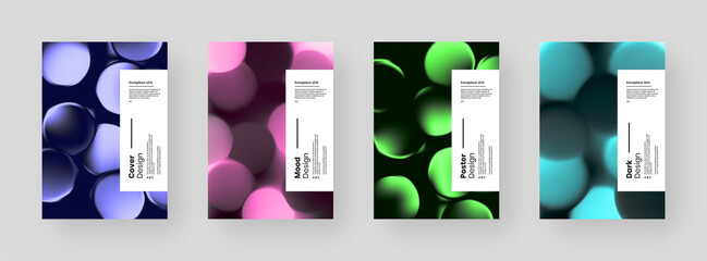 Abstract set Placards, Posters, Flyers, Banner Designs. Colorful illustration on vertical A4 format. 3d geometric shapes. Bokeh, spheres, circles, lanterns © Nick Risky