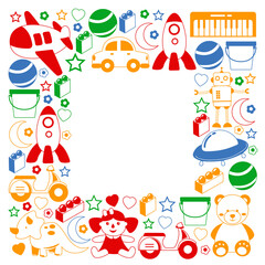 Vector pattern with the collection of toys. Doll, submarine, plane, ship. Children and kindergarten illustration.