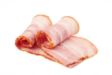 Fresh raw slices bacon isolated on white background. Roll of bacon