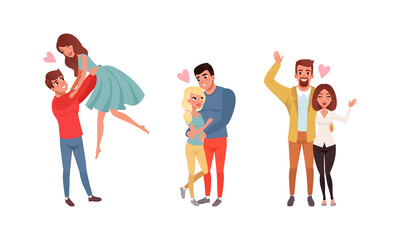 Loving Couples of Man and Woman Embracing and Walking Vector Set