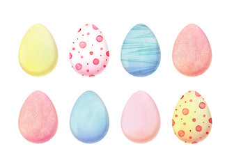 Fototapeta na wymiar Watercolor bright set of colorful Easter eggs formed in two rows and isolated on white background. Hand drawn illustration of eggs of different colors and patterns. Symbol of spring holiday