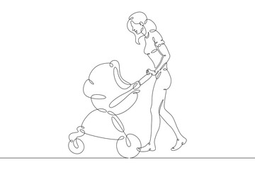 Young woman mother with baby carriage on a walk with toddler.
