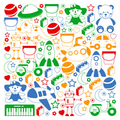 Vector pattern with the collection of toys. Doll, submarine, plane, ship. Children and kindergarten illustration.