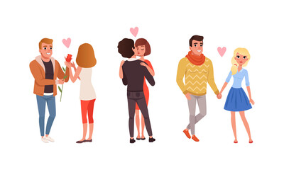 Fototapeta premium Loving Couples of Man and Woman Embracing and Walking Vector Set