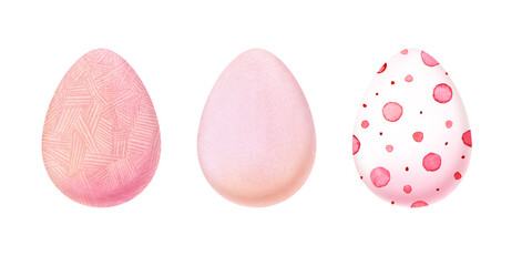 Watercolor set of decorative elements for Easter. Three dyed eggs - tender pink, pink creatively patterned and white with pink speckles isolated on white. Traditional treat for spring holiday.