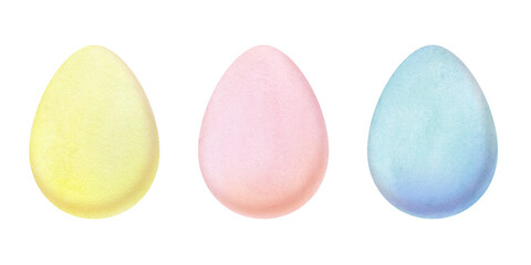 Watercolor set of decorative elements for Easter. Three dyed eggs of yellow, pink and blue colors isolated on white background. Hand drawn illustration of symbol of spring holiday