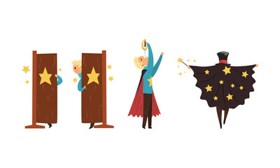 Blond Man Magician Showing Tricks and Focuses for Entertainment Vector Set