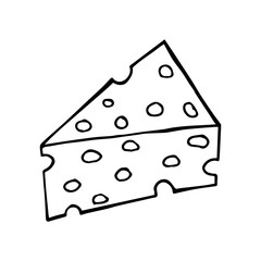 Cheese doodle. Vector cheese with a black line. Simple food and cooking illustration in doodle style on a white isolated background hand drawn. Isolated element for recipe book, market or store