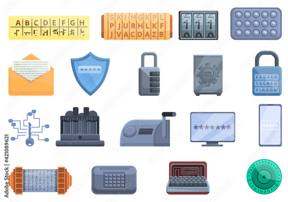 Poster cipher icons set. cartoon set of cipher vector icons for web design