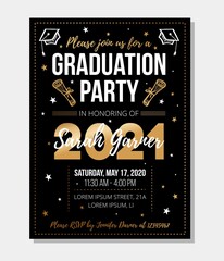 2021 graduation party invitation design template. Congratulations graduates vector illustration for banner, greeting cards, poster. Class of 2021 gold typography design with stars and doodles.