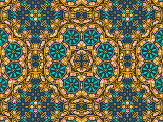 Geometric Tiles Digital Paper, Geometric Seamless Ornament Abstract Pattern Gold Yellow, Green, Black, and Blue, For print and Background.