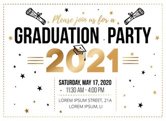 Graduation party invitation design template in flat style. Congratulations graduates vector illustration for banner, greeting cards, poster. Class of 2021 gold typography sign with stars and doodles.