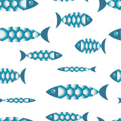 Naklejka premium Creative blue fish on a white background. Cute marine seamless pattern for fabrics, paper, packaging, design, interior, kids decor. 