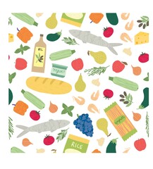Mediterranean diet vector seamless pattern. Hand drawn flat food groceries isolated on white background. Vegetables, fruits, seafood, bread, rice, green, olive oil. Cartoon healthy lifestyle concept