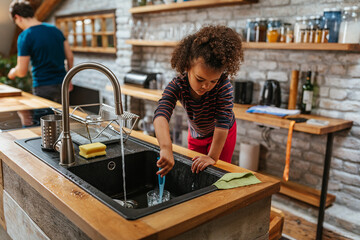 Girl playing in the sink in the kitchen
