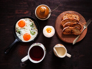 breakfast with coffee and eggs
