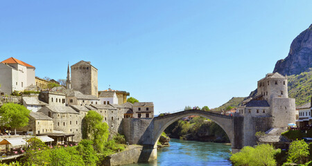 Fototapeta na wymiar Historic Old Bridge over Neretva River in Mostar Bosnia and Herzegovina