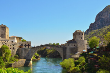 Obraz premium Historic Old Bridge over Neretva River in Mostar Bosnia and Herzegovina