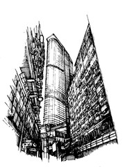 City Skyscraper Sketch View Cityscape Skyline monochromatic Illustration. Cartoon vector architectural drawing  of a city street with high rise building. Modern city street art. Ink printable artwork 