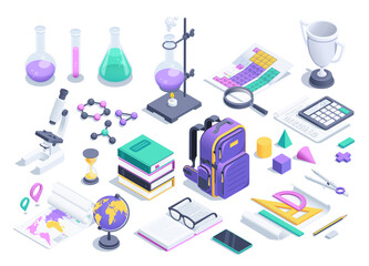 isometric vector illustration isolated on white background, set of elements for school, chemistry and mathematics, geography and reading