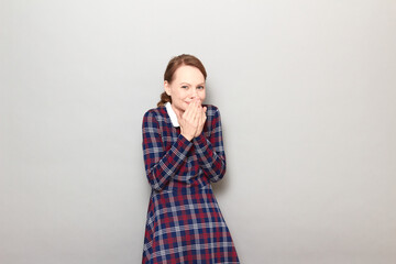 Portrait of happy cheerful girl laughing at funny joke