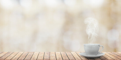 hot coffee on the table on a winter background