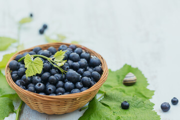 Heap of fresh blueberries and leaves in a basket on white wooden background