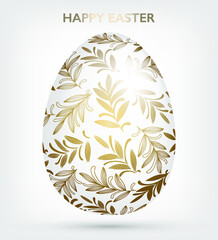 Decorative hand drawn white Easter egg with golden patterns, leaves, glare, light, shadow. Abstract ornament vector illustration for Happy Easter holiday, greeting card, invitations, print, web design