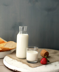 Milk with fresh white baguette