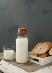 Fresh milk with baguette and strawberries 