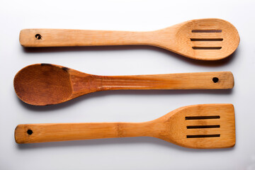 Top view Wooden spoon isolated on white background. Wooden spoon close up.