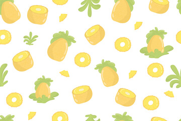 pineapple fruit fresh seamless pattern. Pineapples and leaves on yellow seamless pattern. Modern tropical exotic fruit design for wrapping paper, textile, banner, web, app.