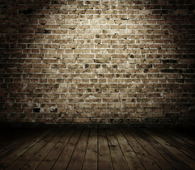 Empty Old Brick Wall Texture with wooden floor, Grungy wooden floor and old brick wall texture grunge background, Abstract Web Banner. Copy Space.