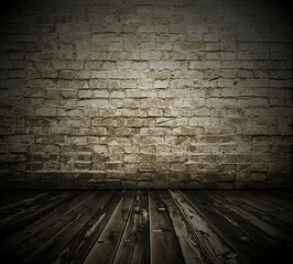 Empty Old Brick Wall Texture with wooden floor, Grungy wooden floor and old brick wall texture grunge background, Abstract Web Banner. Copy Space.