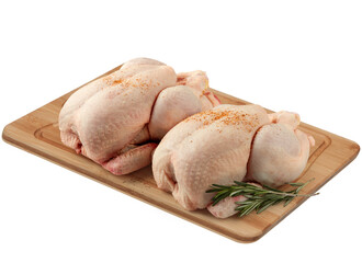 raw chicken on chopping board isolated white bg