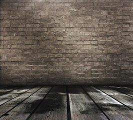 Empty Old Brick Wall Texture with wooden floor, Grungy wooden floor and old brick wall texture grunge background, Abstract Web Banner. Copy Space.