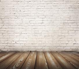 Empty Old Brick Wall Texture with wooden floor, Grungy wooden floor and old brick wall texture grunge background, Abstract Web Banner. Copy Space.