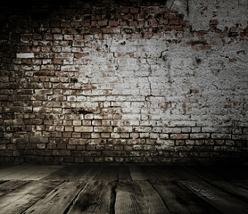 Empty Old Brick Wall Texture with wooden floor, Grungy wooden floor and old brick wall texture grunge background, Abstract Web Banner. Copy Space.