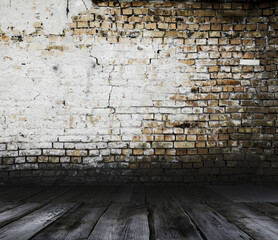 Empty Old Brick Wall Texture with wooden floor, Grungy wooden floor and old brick wall texture grunge background, Abstract Web Banner. Copy Space.