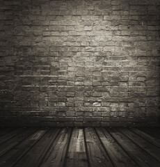Empty Old Brick Wall Texture with wooden floor, Grungy wooden floor and old brick wall texture grunge background, Abstract Web Banner. Copy Space.