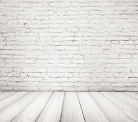 Empty Old Brick Wall Texture with wooden floor, Grungy wooden floor and old brick wall texture grunge background, Abstract Web Banner. Copy Space.