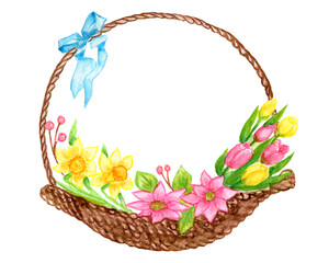 Fototapeta na wymiar Watercolor Illustration,watercolor drawing, spring flowers, flower basket, plant, cute flowers drawing, frame.